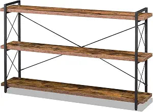 Bookshelf, 3-Tier Long Industrial Bookcase, Rustic Open Book Shelf, Freestanding Horizontal Bookshelves with Metal Frame