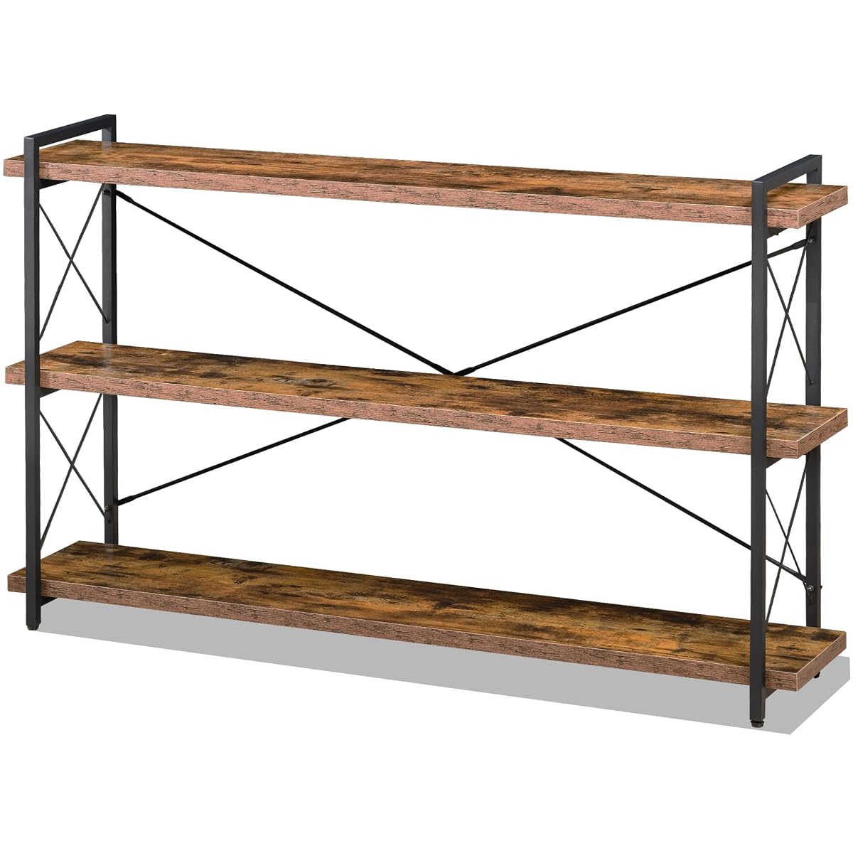 Bookshelf, 3-Tier Long Industrial Bookcase, Rustic Open Book Shelf, Freestanding Horizontal Bookshelves with Metal Frame