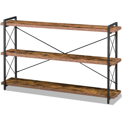 Bookshelf, 3-Tier Long Industrial Bookcase, Rustic Open Book Shelf, Freestanding Horizontal Bookshelves with Metal Frame