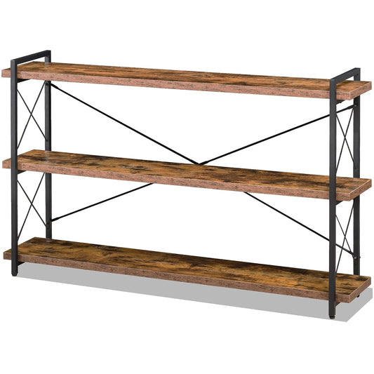 Bookshelf, 3-Tier Long Industrial Bookcase, Rustic Open Book Shelf, Freestanding Horizontal Bookshelves with Metal Frame