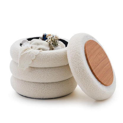 Round Storage Ottoman, Modern Sherpa Footstool, Teddy Vanity Stool with Flip-Top Tray, Makeup Chair for Home Decor, Upholstered Footrest for Living Room & Bedroom (White)