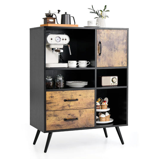 Buffet Cabinet with Storage, Industrial Kitchen Sideboard with 2 Large Drawers, 4 Cubes Cabinet, Mid-Century Cupboard, Standing Organizer for Kitchen, Entryway