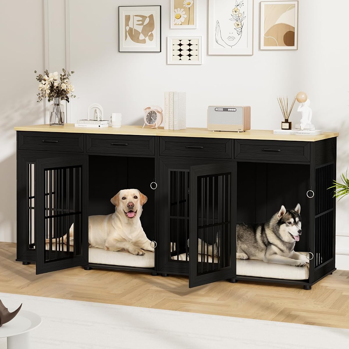 87" Dog Crate Furniture for 2 Dogs, Double Dog Cage Furniture, Black