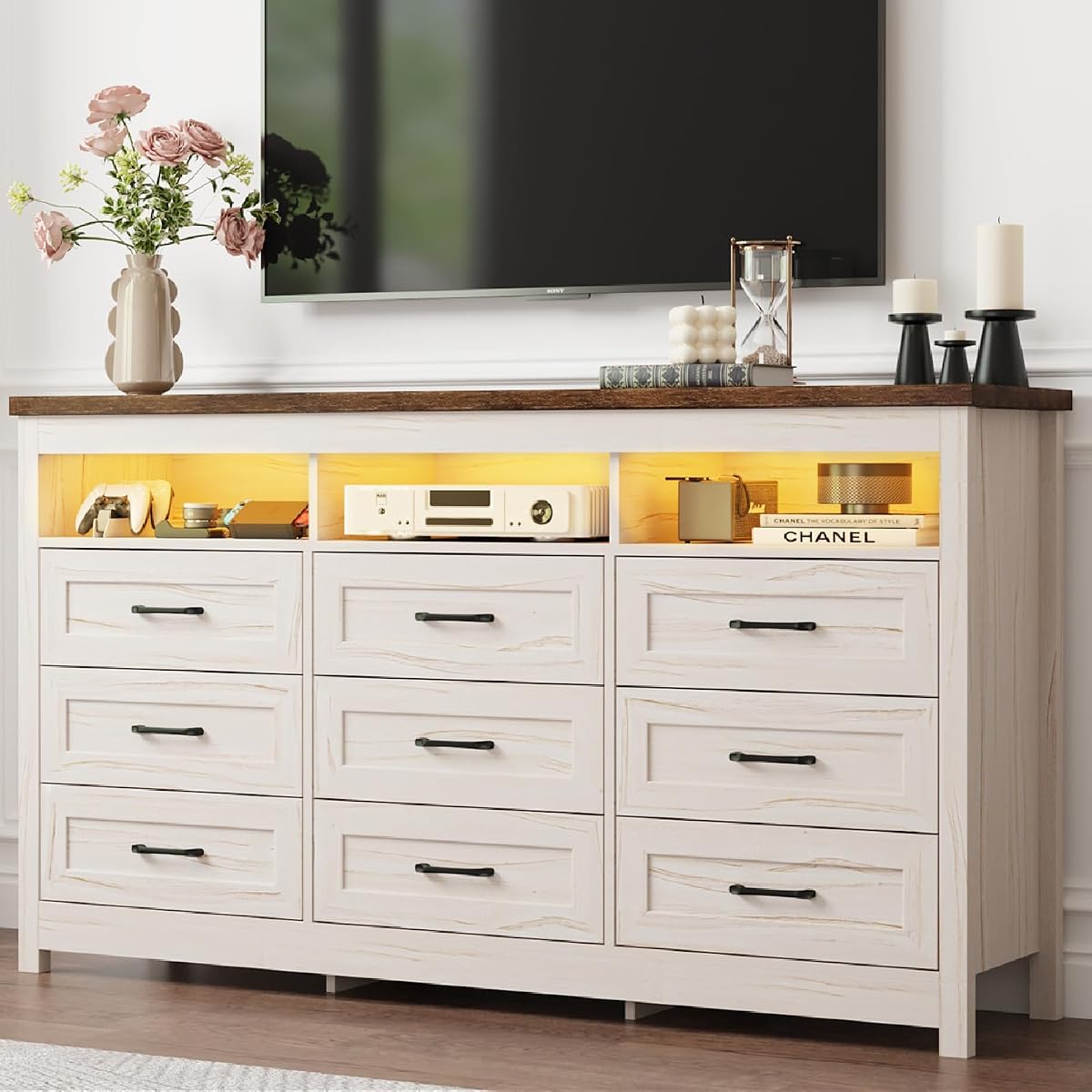 Farmhouse 9 Drawer Dresser with LED Lights