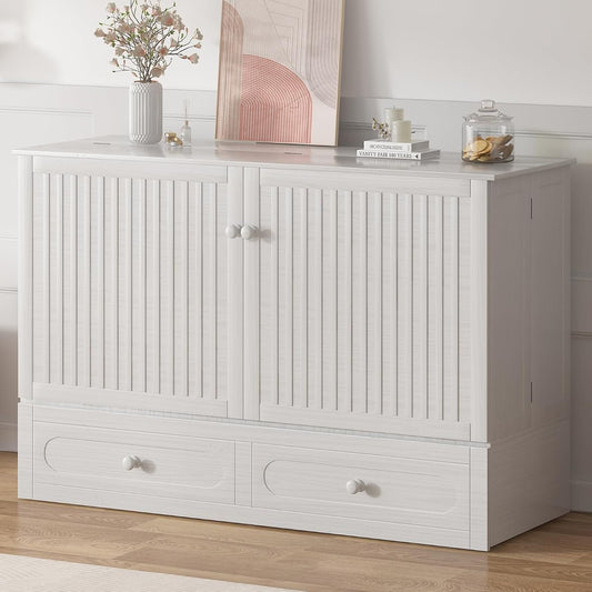 Queen Murphy Bed with USB Charging Station, Murphy Cabinet Bed with Storage Drawer, Space-Saving Hidden Cabinet Chest Beds for Guest Room Living Room, No Mattress, White