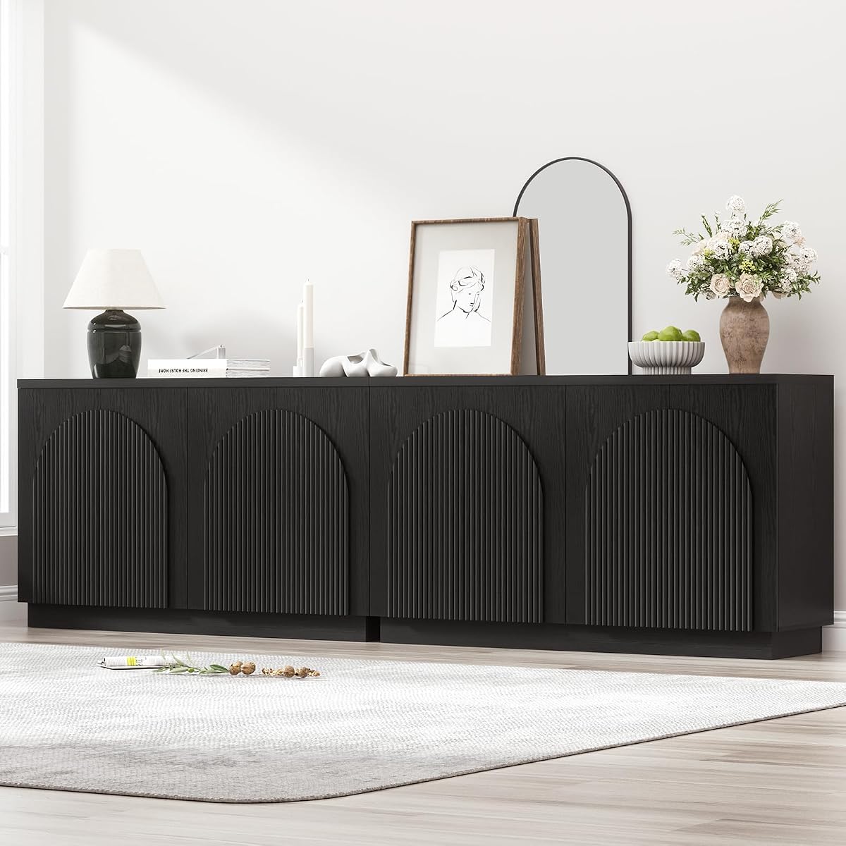 110" Fluted Sideboard Buffet Cabinet with Storage, Credenza, Black