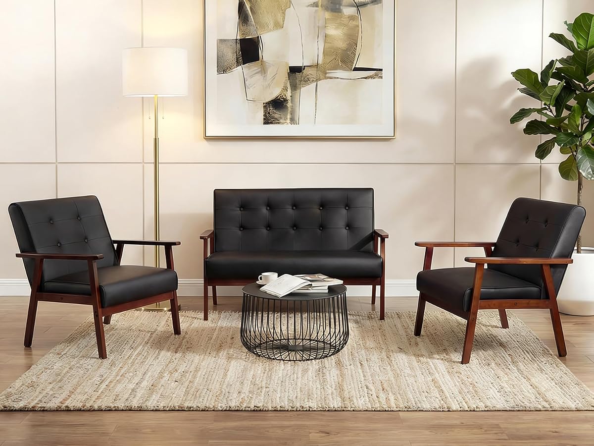 Mid Century 1 Loveseat Sofa and 2 Accent Chairs Set Modern Wood Arm Couch and Chair Living Room Furniture Sets (8428 Black Set)