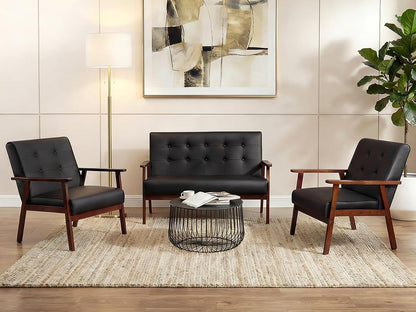 Mid Century 1 Loveseat Sofa and 2 Accent Chairs Set Modern Wood Arm Couch and Chair Living Room Furniture Sets (8428 Black Set)