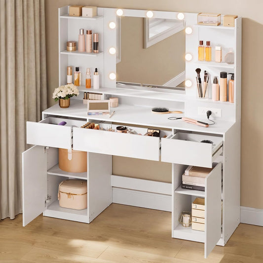 43.3-Inch Vanity Desk with Mirror and Lights, 3 Drawers 2 Cabinets