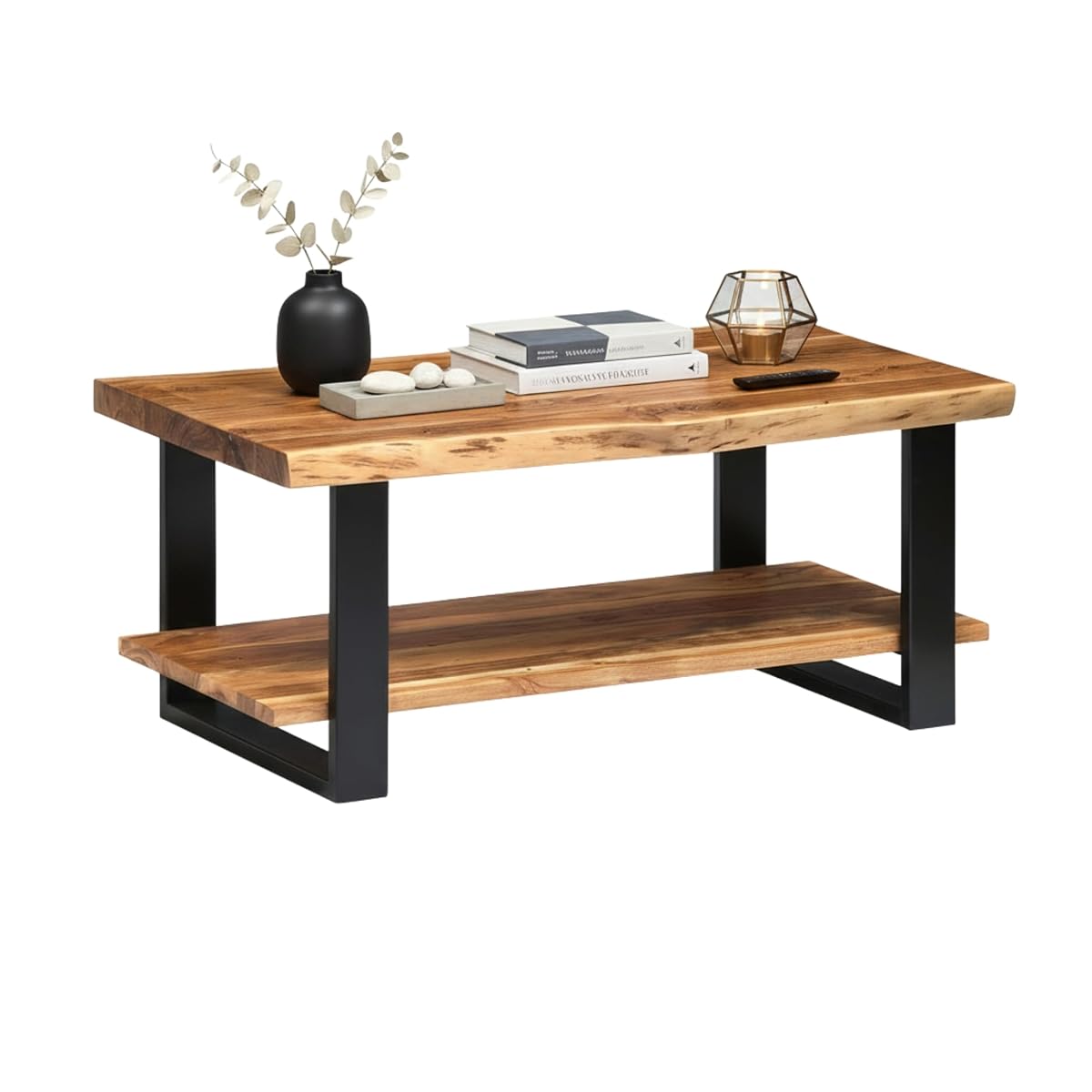 Alpine 2-Tier Live Edge Coffee Table – 42" Solid Acacia Wood with Natural Finish, Lower Shelf Storage and Metal Frame – Rustic Industrial Style for Living Room or Home Office