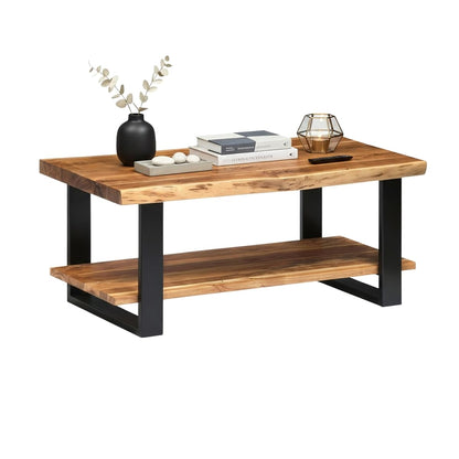 Alpine 2-Tier Live Edge Coffee Table – 42" Solid Acacia Wood with Natural Finish, Lower Shelf Storage and Metal Frame – Rustic Industrial Style for Living Room or Home Office