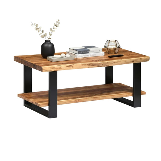 Alpine 2-Tier Live Edge Coffee Table – 42" Solid Acacia Wood with Natural Finish, Lower Shelf Storage and Metal Frame – Rustic Industrial Style for Living Room or Home Office