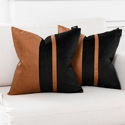 Set of 2 Black and Brown Decorative Throw Pillow Covers 20x20 Inch Faux Leather and Velvet Patchwork Pillow Cover,Modern Farmhouse Accent Pillow Case for Living Room Couch Bed Boho Home Decor