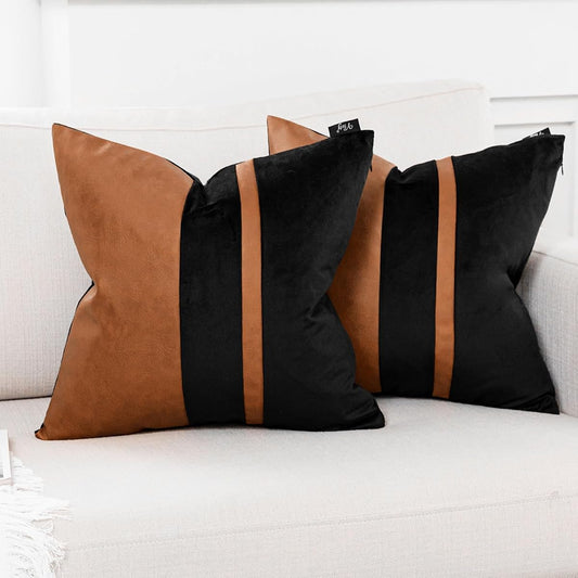 Set of 2 Black and Brown Decorative Throw Pillow Covers 20x20 Inch Faux Leather