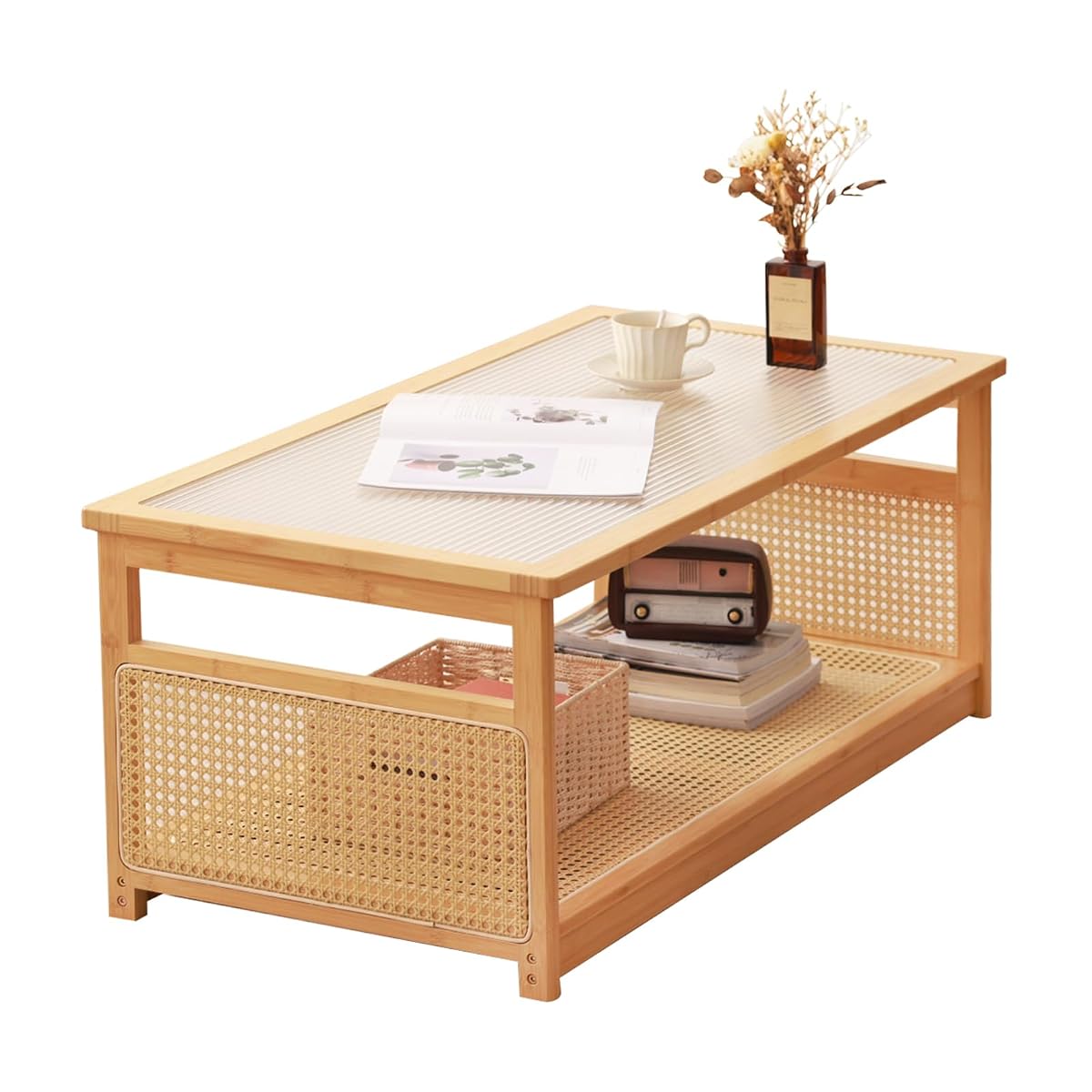 Coffee Tables for Living Room，Mid Century Modern Storage 2-Tier Coffee Tables，Rattan Glass RectangleTables，Suitable for Living Room Apartment，Wood
