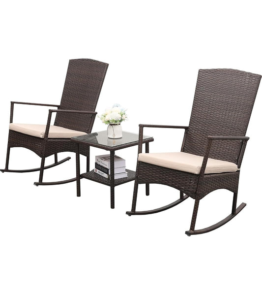Outdoor HDPE Wicker Rocking Chair 3-Piece Patio Rattan Bistro Set 2 Rocker Armchair and Glass Coffee Side Table Furniture Washable Lacing Cushions, Khaki