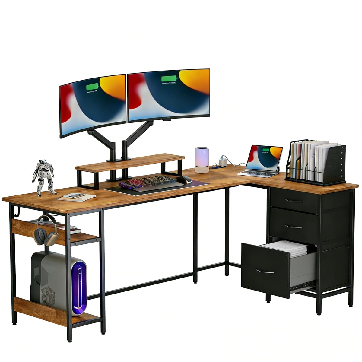 66 Inch L Shaped Gaming Desk with Drawers and Storage, Corner Desk with LED Lights, Power Outlets, Computer Desk with Monitor Stand, Office Desk for Home, Rustic Brown
