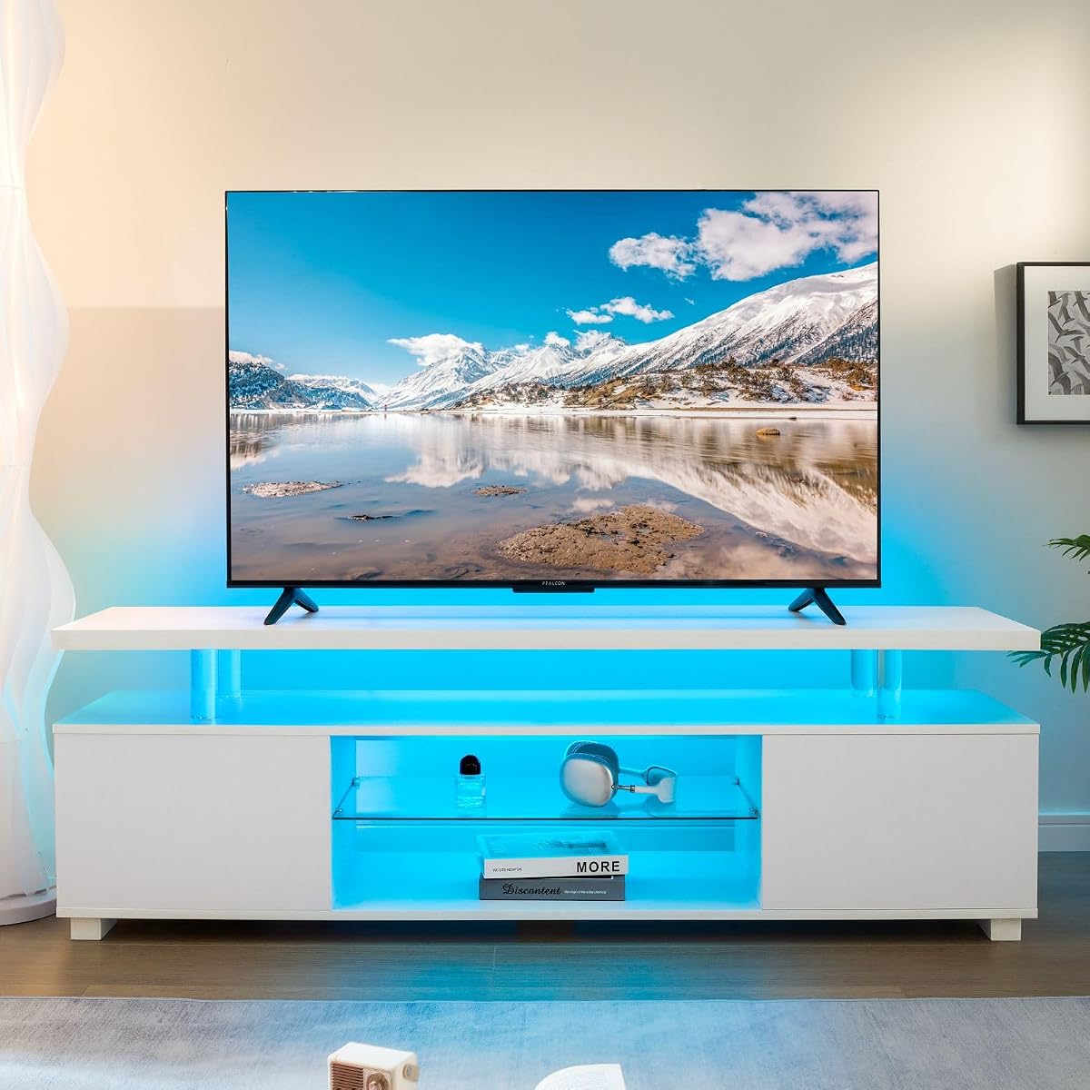 LED TV Stand White Entertainment Center, Gaming Center for 60 65 70inch TV, TV Console with Storage, TV Stands for Gaming Living Room, Bedroom and Playroom