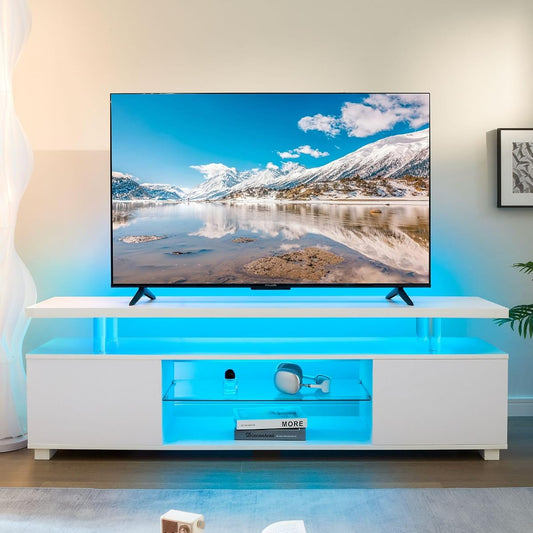 LED TV Stand White Entertainment Center, Gaming Center for 60 65 70inch TV, TV Console with Storage, TV Stands for Gaming Living Room, Bedroom and Playroom