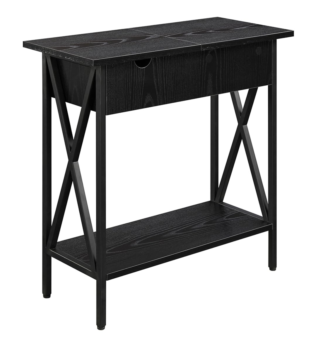 Tucson Flip Top End Table with Charging Station 23.75" - Modern Living Room Table with Storage Shelf, Side Table Side Table, Black/Black