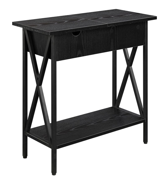 Tucson Flip Top End Table with Charging Station 23.75" - Modern Living Room Table with Storage Shelf, Side Table Side Table, Black/Black