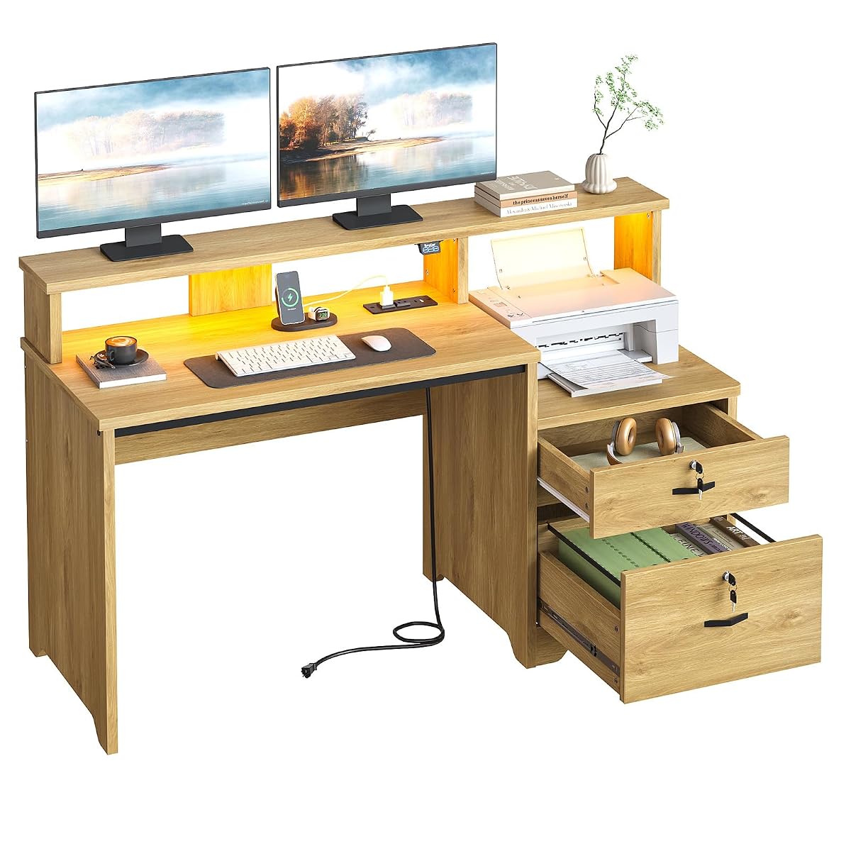 55-Inch Computer Desk with Power Outlets & LED Lights, Natural Oak