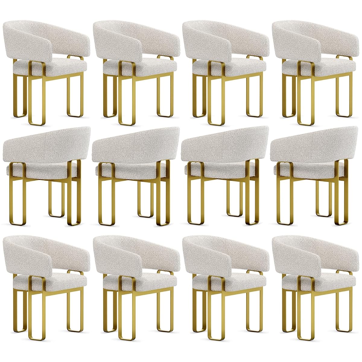 Boucle Dining Chairs Set of 12, Off White and Gold Dining Room Chairs with Arms for Kitchen, Luxury Side Chairs with U-Shaped Brushed Gold Metal Legs