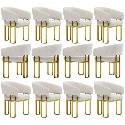 Boucle Dining Chairs Set of 12, Off White and Gold Dining Room Chairs with Arms for Kitchen, Luxury Side Chairs with U-Shaped Brushed Gold Metal Legs