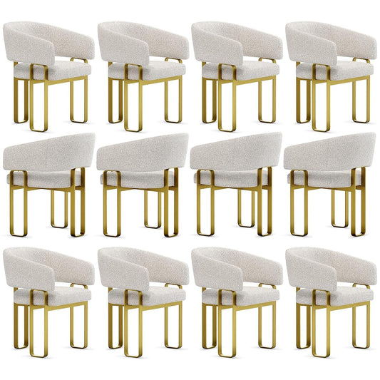 Boucle Dining Chairs Set of 12, Off White and Gold Dining Room Chairs with Arms for Kitchen, Luxury Side Chairs with U-Shaped Brushed Gold Metal Legs