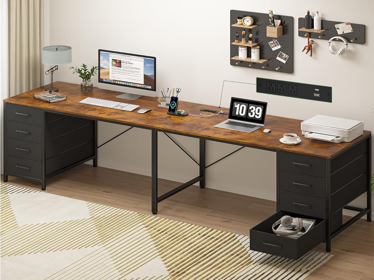 95" 2 Person Desk with 8 Drawers, Large Writing Home Office Desks with Outlets, I Shaped Workstation Double Desk Drawer Organizers (Rustic)
