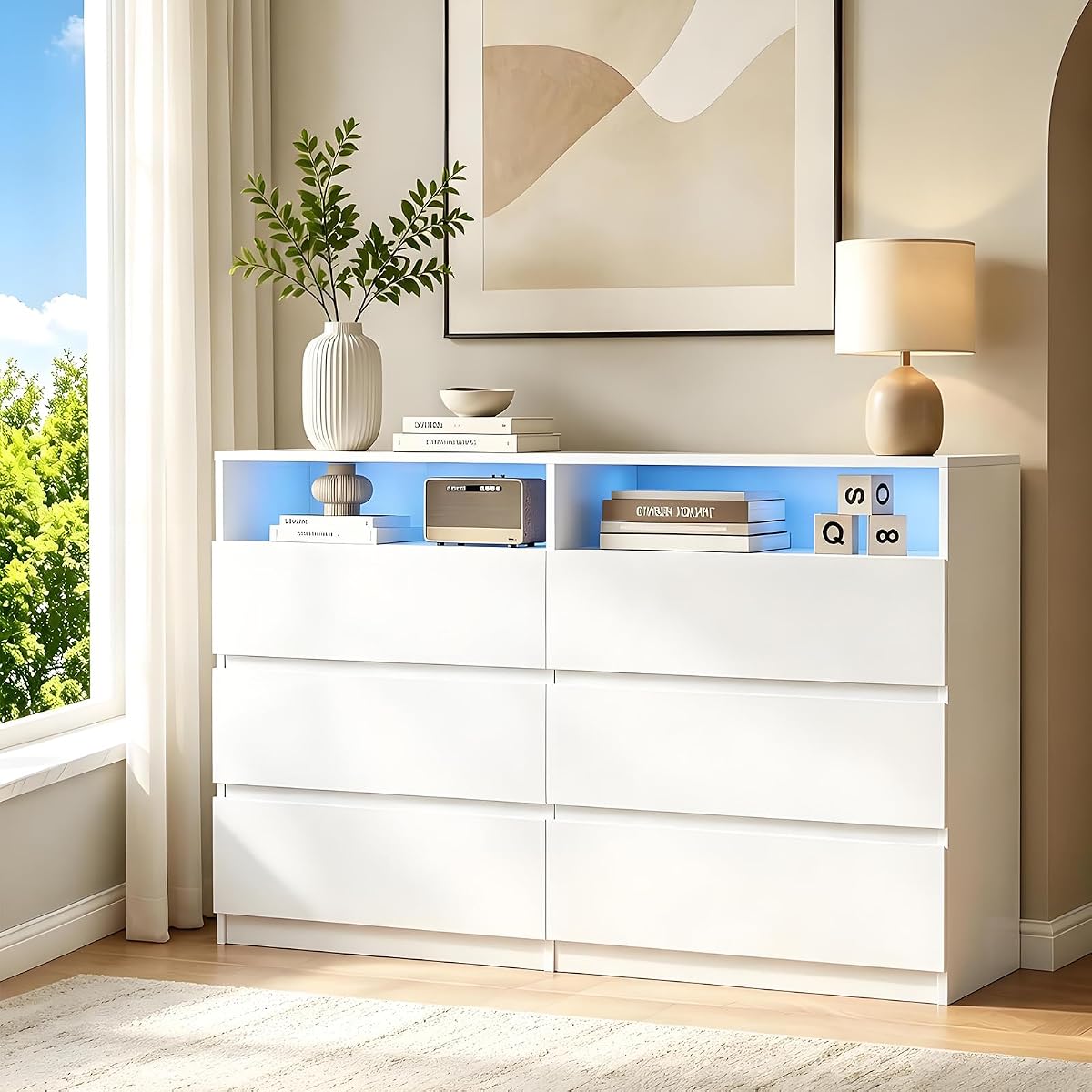 Premium 6 Drawers 2 Shelves 47"L White Dresser for Bedroom with RGB Lights