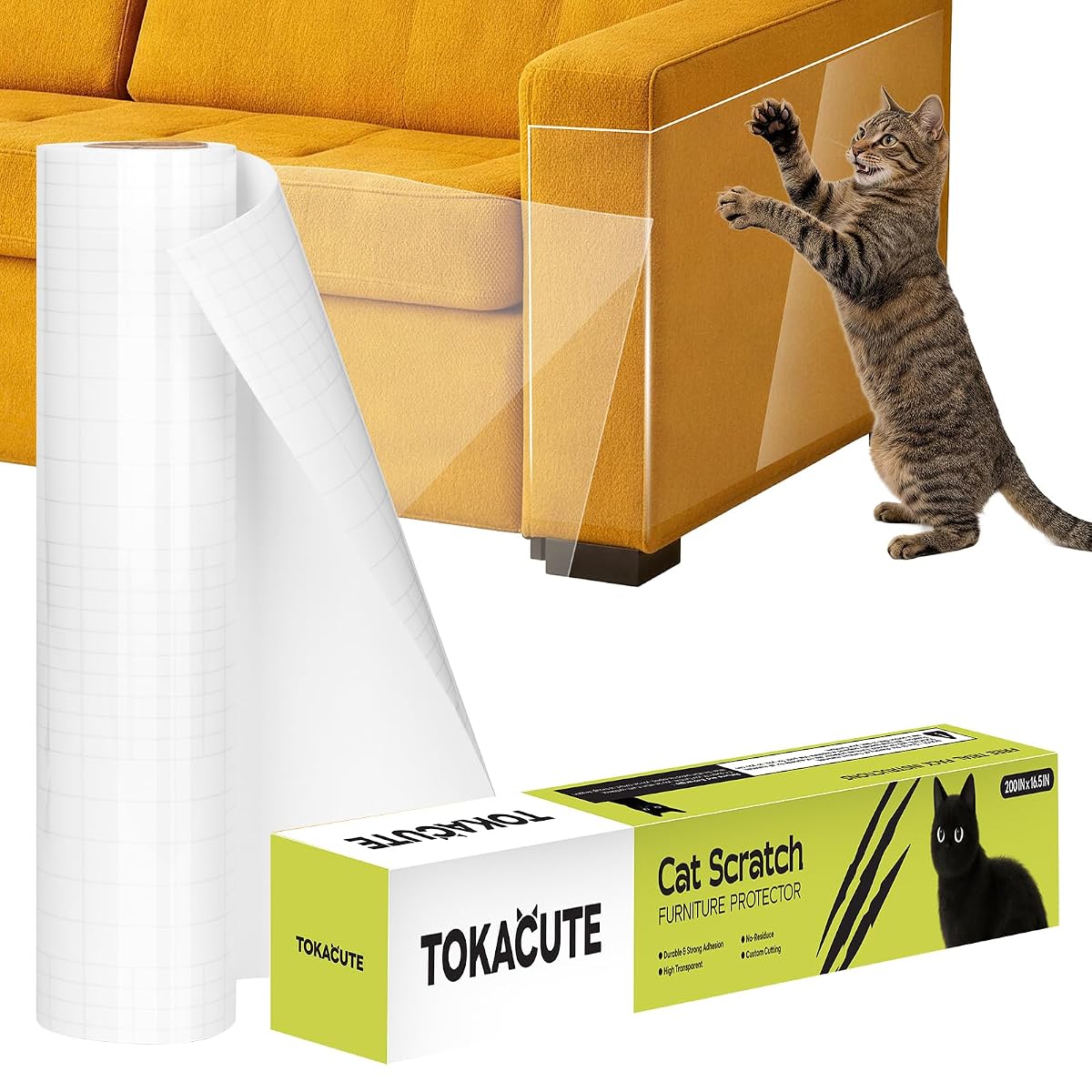200" x 16.5" Anti Cat Scratch Furniture Protector, Single-Sided Sticky Couch Protector from Cats Claws, Couch Corner Guard Under Pet Claws, Thicken Viny Flexible Scratch Deterrent Tape