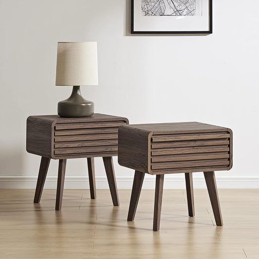 Ensley Mid Century Modern Side Table, Small Accent Tables for Living Room, Mid Century Modern Night Stand, Bedside Tables, Wood Nightstands for Bedroom (Walnut, Set of 2)