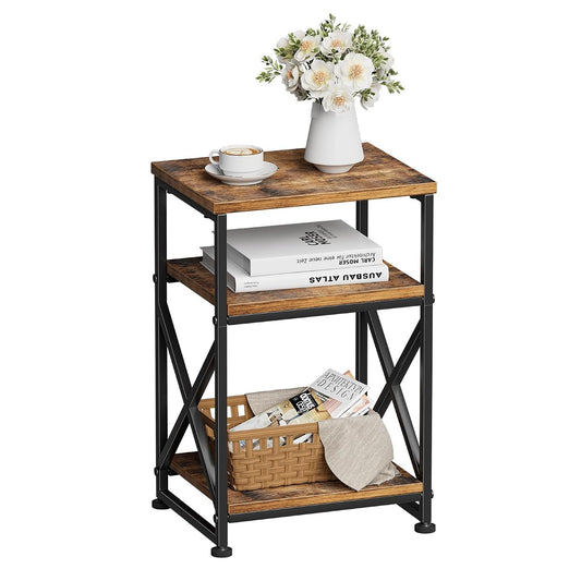 Side Table, End Table with 3 Tiers Open Shelves, Bedside Table for Sofa Couch, Nightstand, Living Room, Bedroom, Rustic Brown