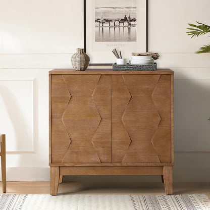 Mid Century Modern Buffet Cabinet with Solid Wood Legs, Adjustable Shelf Accent Cabinet, Storage Unit for Kitchen, Living Room, Dining, Hallway, 3D Geometric(Seadrift)