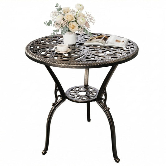 Patio 23''Cast Aluminum Side Table with Umbrella Hole,Outdoor Small Coffee Tables,Anti-Rust Bistro Table,Round End Table,Outdoor Furniture for Indoor,Patio,Garden,Porch,Balcony,Retro Bronze