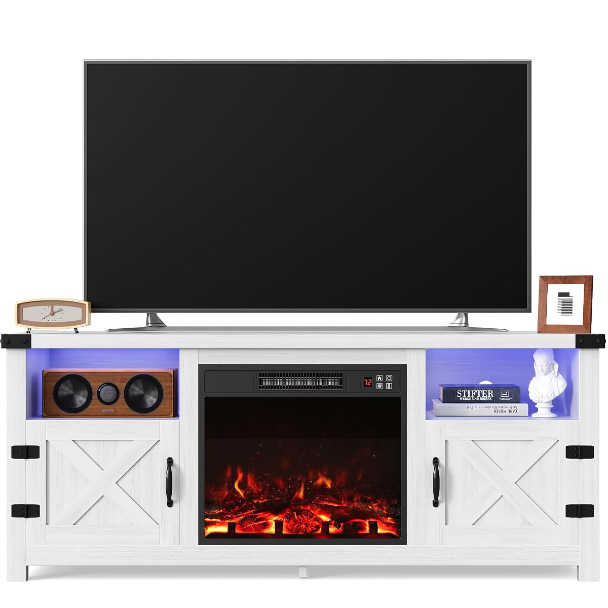 LED Entertainment Center with Fireplace, Fireplace TV Stand with Storage Cabinets and 2 Open Shelves, Modern Media TV Console for Living Room (White)