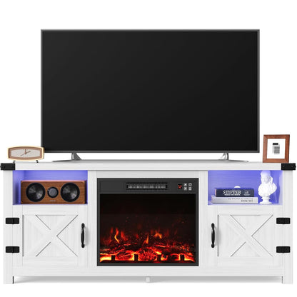LED Entertainment Center with Fireplace, Fireplace TV Stand with Storage Cabinets and 2 Open Shelves, Modern Media TV Console for Living Room (White)
