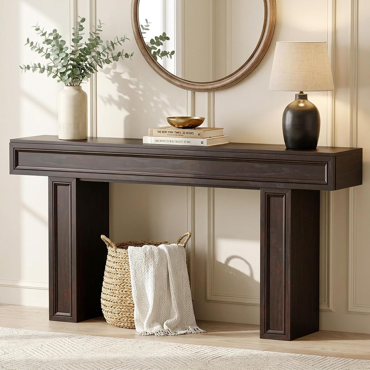 63 Inch Narrow Console Table, Sofa Table Behind Couch, Farmhouse Wooden Entryway Table for Living Room & Hallway (Cherry)