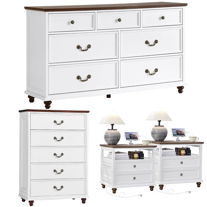 24" Wide Farmhouse Nightstand with Charging Station Set of 2,54" 7 Drawers Dresser, 45" Tall Rustic Chests of 5 Drawers, Farmhouse Furniture Series for Bedroom,White