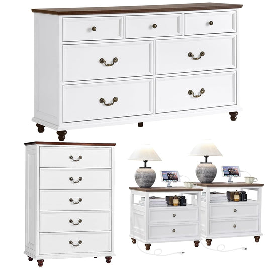 24" Wide Farmhouse Nightstand with Charging Station Set of 2,54" 7 Drawers Dresser, 45" Tall Rustic Chests of 5 Drawers, Farmhouse Furniture Series for Bedroom,White
