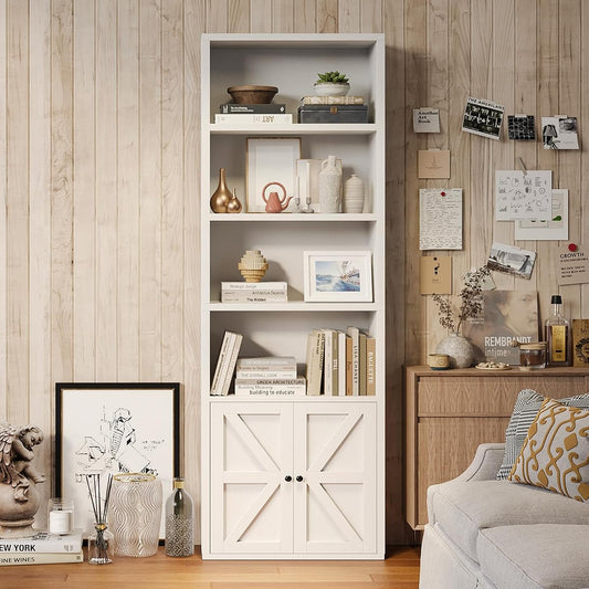 6 Tier 71" Tall Wooden Bookshelf&Bookcase with Doors, Storage Shelves Organizer, Floor Standing Modern Display Cabinet Shelves, Home Decor Furniture for Home Office, Living Room, Bedroom, White