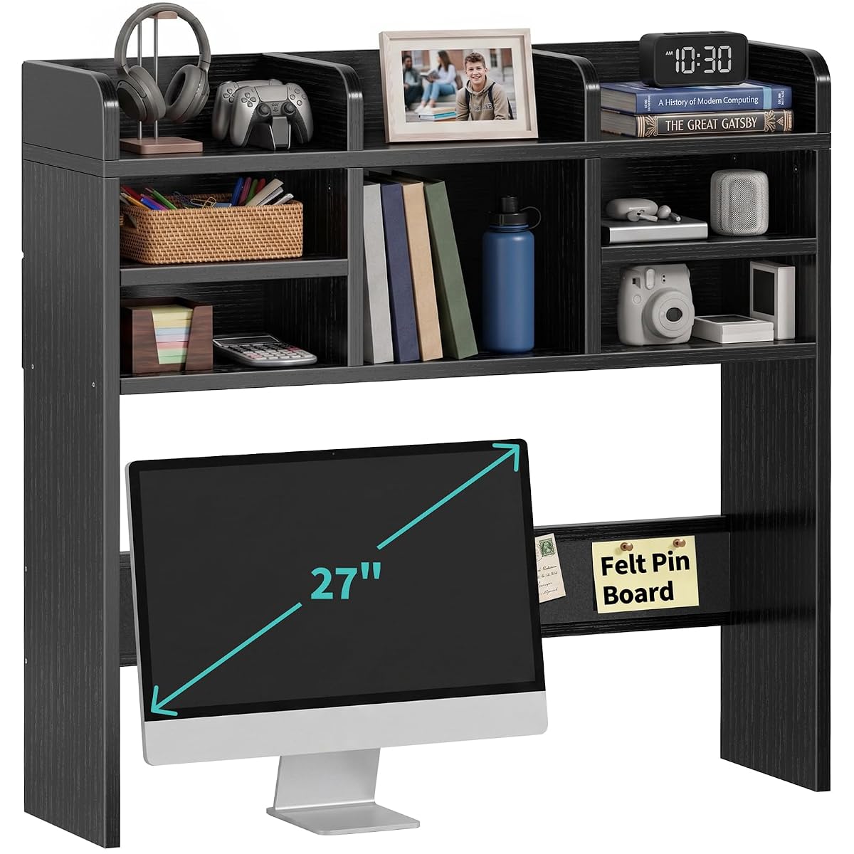 37" Black Desk Hutch Dorm Top Only with Sheves Felt Board for College