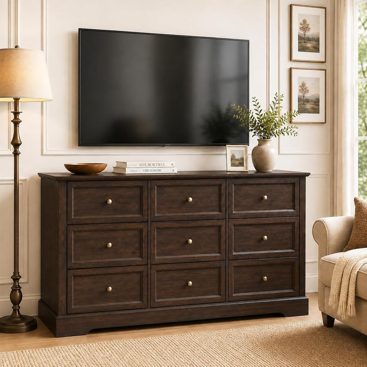 Farmhouse Dresser 9 Drawer, Bedroom Chest of Drawers, Dressers with 9 Drawers