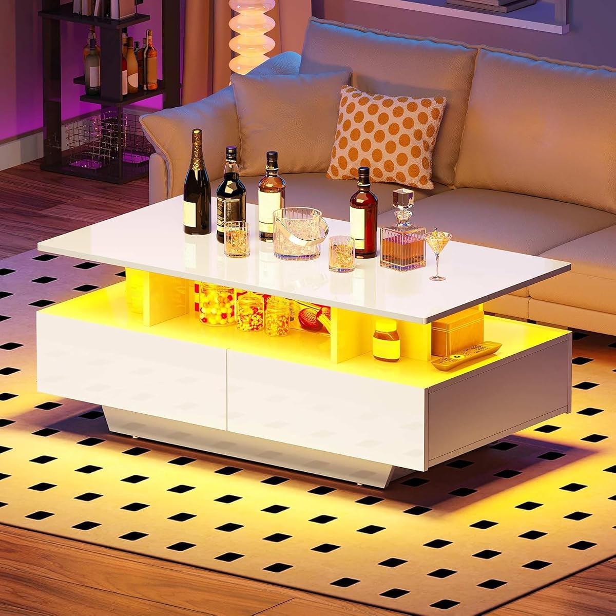 LED Coffee Table with Storage 4 Drawers, Modern High Glossy Coffee Tables for Living Room, White Rectangle Coffee Table Small Center Table with Open Display Shelf & Sliding Drawers, White