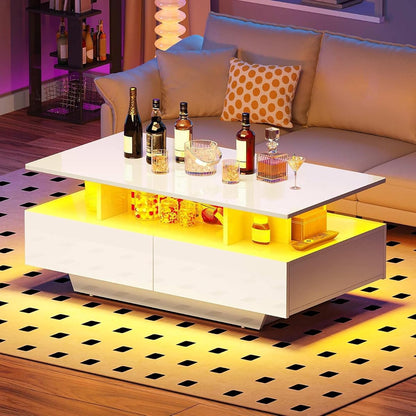 LED Coffee Table with Storage 4 Drawers, Modern High Glossy Coffee Tables for Living Room, White Rectangle Coffee Table Small Center Table with Open Display Shelf & Sliding Drawers, White