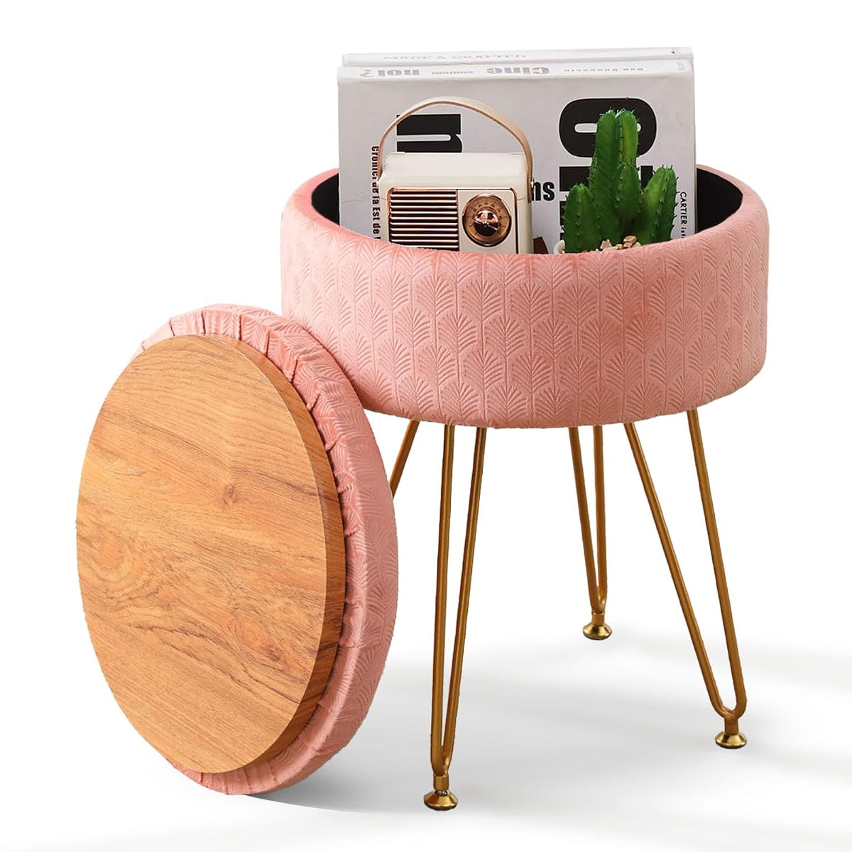 Foot Stool Velvet Storage Ottoman with Removable Lid Round Sofa Stools Foot Rest with Padded Seat Modern Style Makeup Stool Decorative Furniture Suitable for Lounge Dorm Room Blush