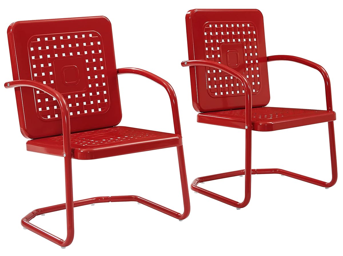 Bates 2-Piece Outdoor Chair Set, Retro Metal Patio Chairs for Dining, Porch, Deck, Balcony, Bright Red Gloss