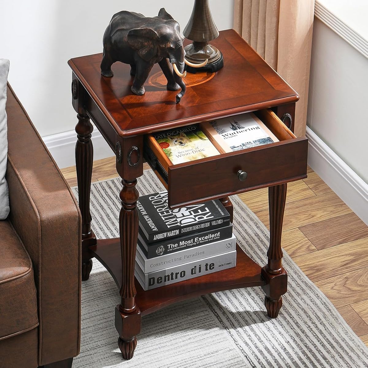 Solid Wood Side Table with Drawer and Storage Shelf, Traditional End Table, Narrow Telephone Nightstand, Carvings Elegant Vintage, for Living Room, Bedroom, Office Cherry Walnut GBJ1533WD