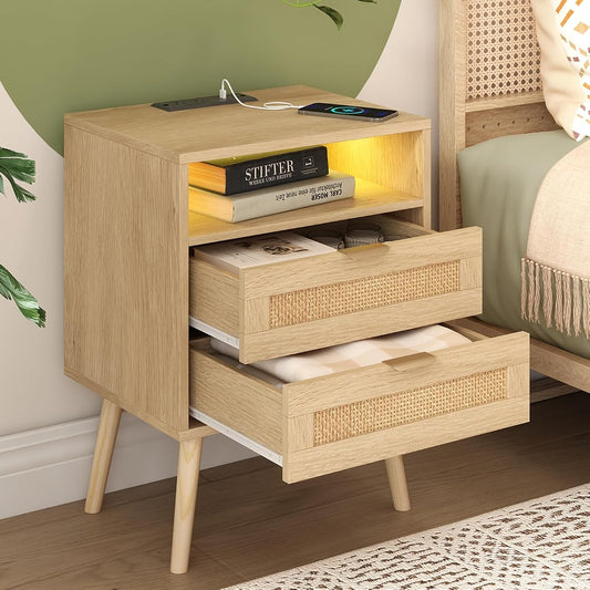 Rattan nightstand with charging station, LED lights and 2 drawers